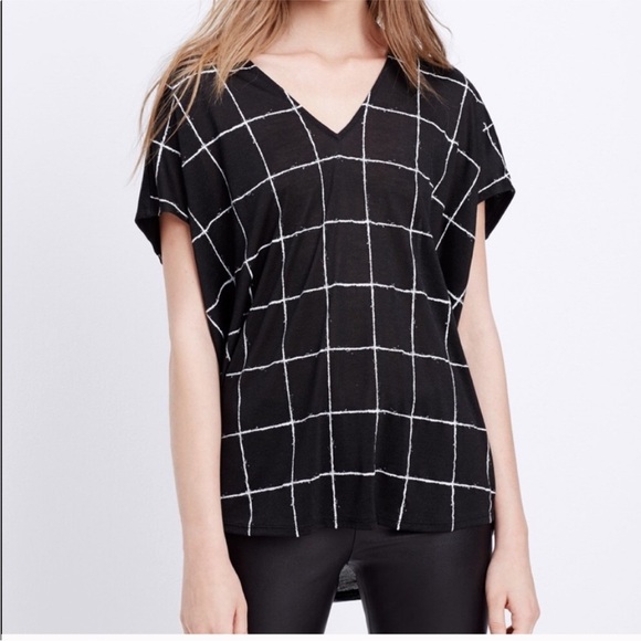 VINCE Black White Window Pane Pullover V Neck Tunic Blouse Short Sleeve Top S - Picture 1 of 8